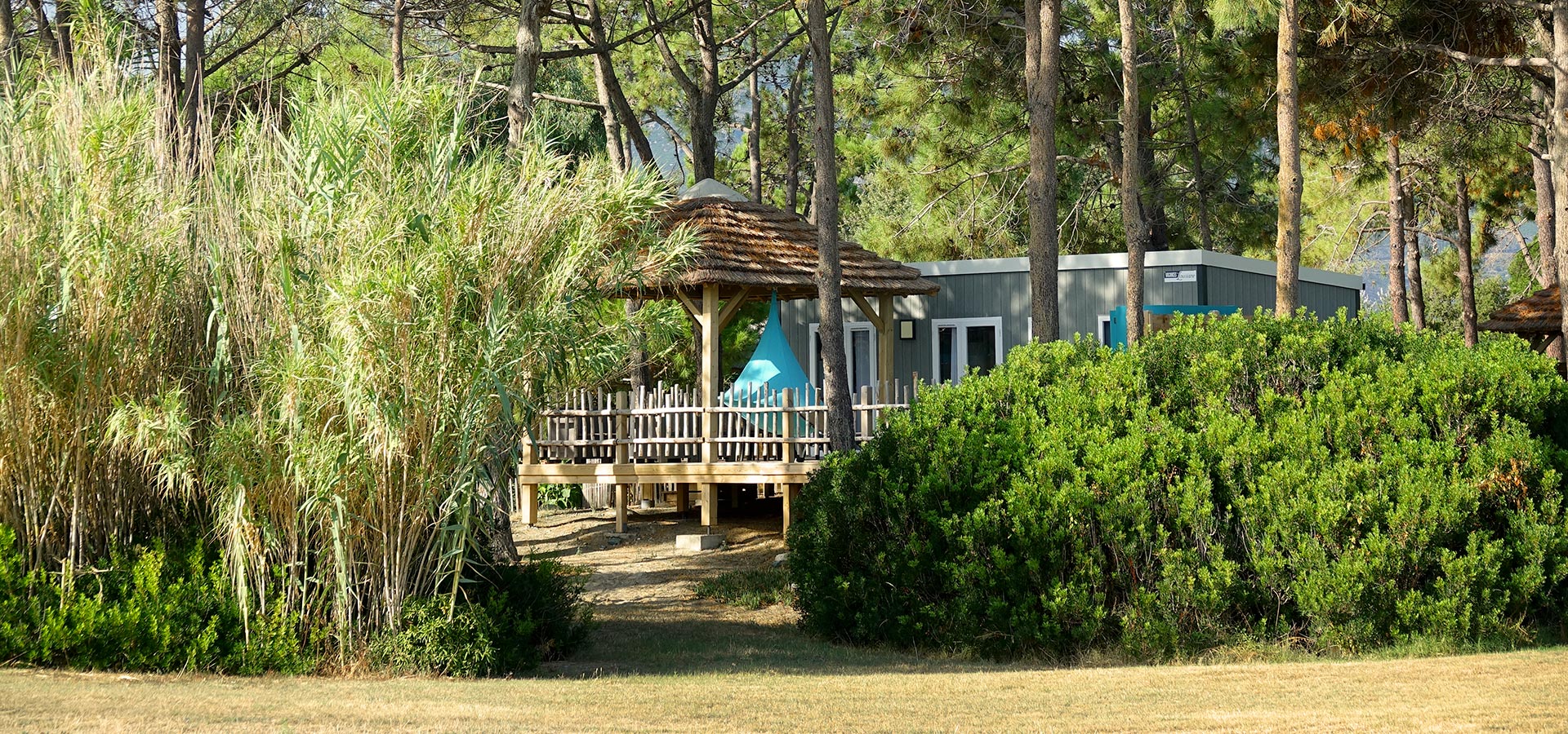 Camping san damiano bungalow luxe Capraia vue mer grande terrasse terrasse pinede
